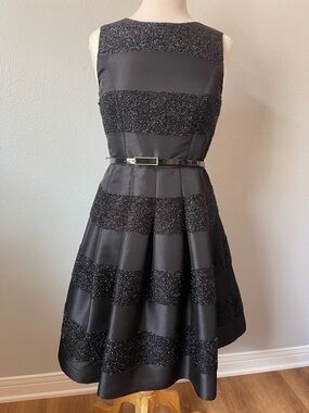 Tommy Hilfiger Black Textured Stripe Midi Dress with Slim Belt
